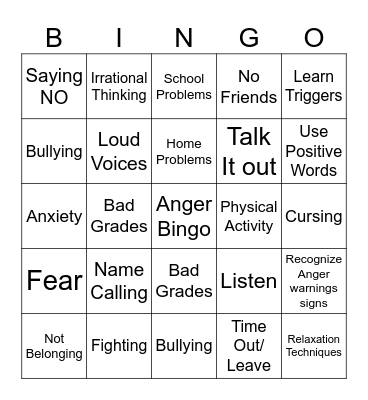 Anger Bingo for Children Bingo Card