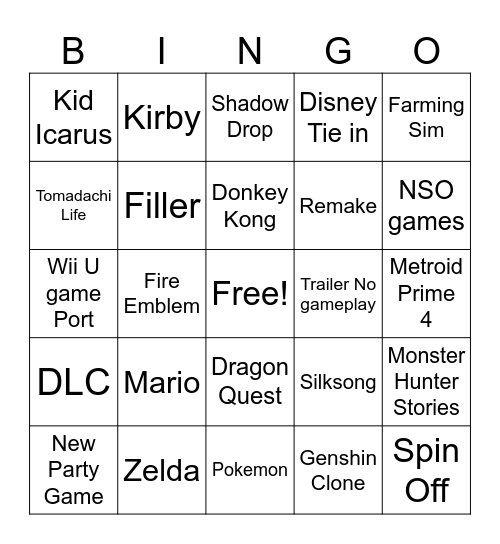 Nintendo Direct 2024 Bingo Card