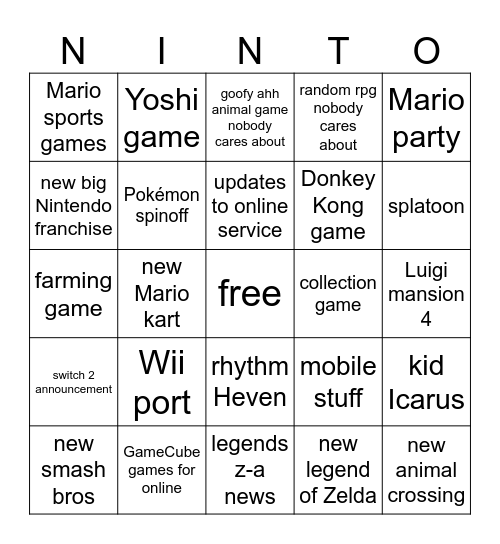 June Nintendo Direct Bingo Card