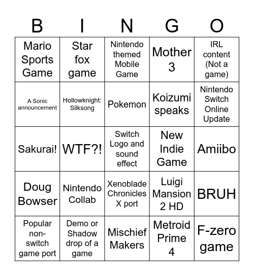 Nintendo Direct June 2024 Bingo Card