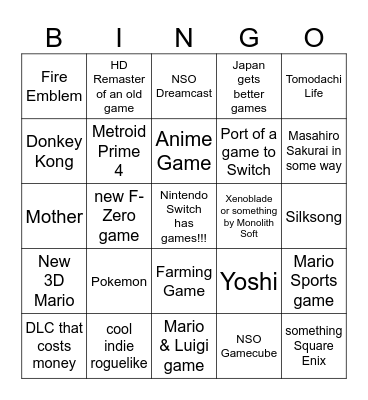 June Nintendo Direct 2024 Bingo Card