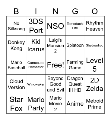 6/18/24 Nintendo Direct Bingo Card