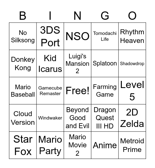 6/18/24 Nintendo Direct Bingo Card