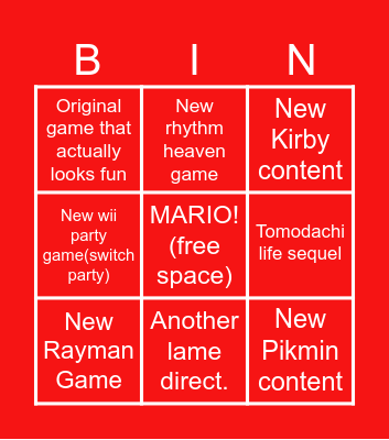 Nintendo direct predictions Bingo Card