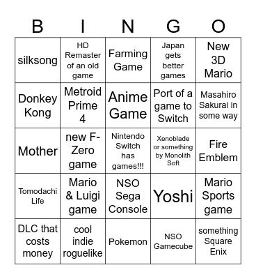 June Nintendo Direct 2024 Bingo Card