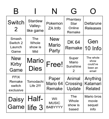 Nintendo Direct Bingo Card