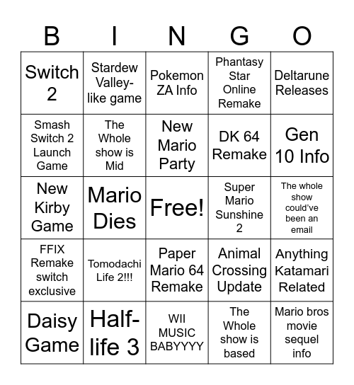 Nintendo Direct Bingo Card