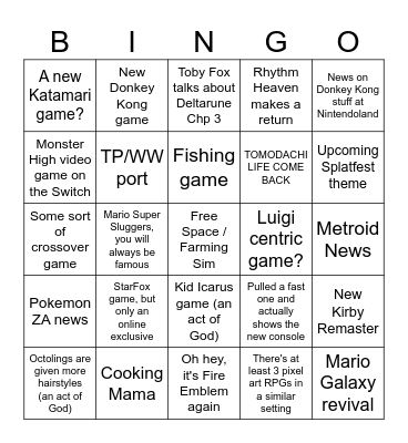 Nintendo Direct 6/18 Bingo Card