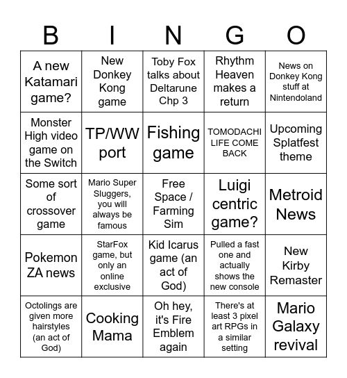 Nintendo Direct 6/18 Bingo Card