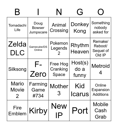 Nintendo Direct June 2024 Bingo Card