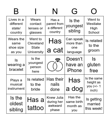 Julia's Bachelorette Bingo Card