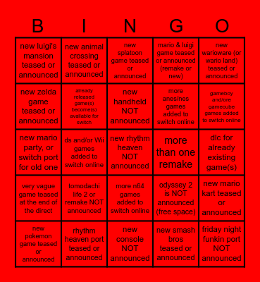 Nintendo Direct Bingo Card