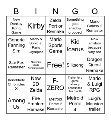 Nintendo Direct June 2024 Bingo Card