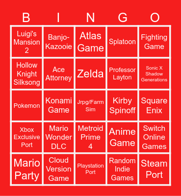 Nintendo Direct 2024 Bingo Card