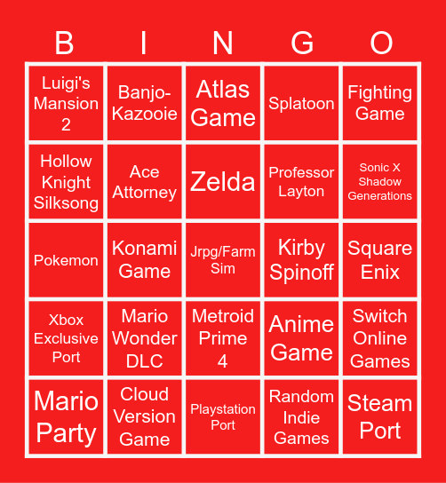 Nintendo Direct 2024 Bingo Card