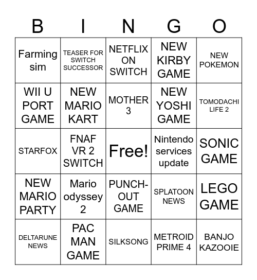 6/18/2024 Nintendo direct Bingo Card