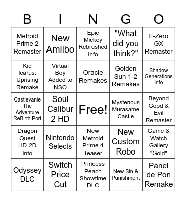 Nintendo Direct 6/18/24 BINGO Card