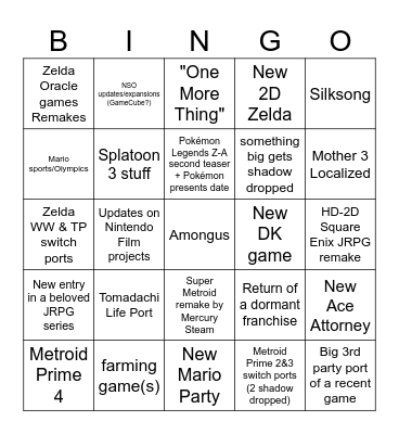 Nintendo Direct (6/18/24) Predictions Bingo Card