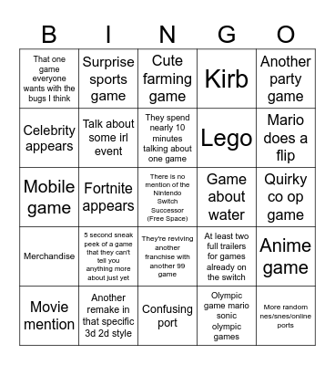 Ninteno dirt Bingo Card