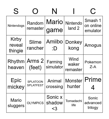 Nintendo direct Bingo Card