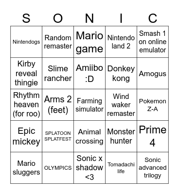 Nintendo direct Bingo Card