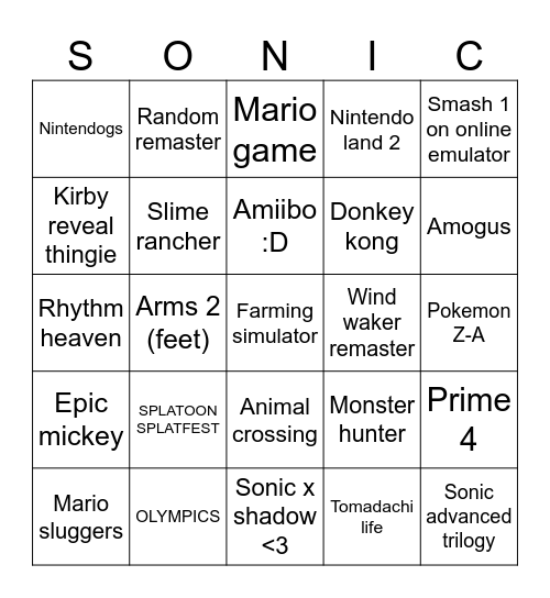 Nintendo direct Bingo Card