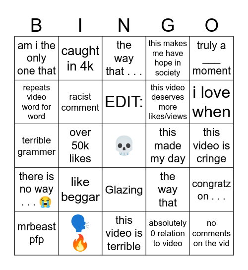 Shorts Bingo Card