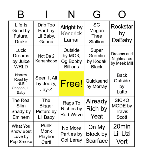 Rap&HipHop Music Bingo Card