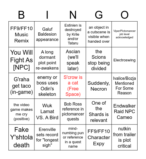 Dawntrail Bingo Card