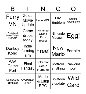 Nintendo Direct Bingo Card