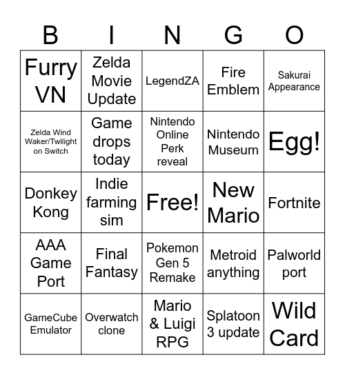 Nintendo Direct Bingo Card