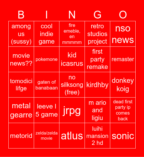 Nintendo Direct Bingo! Bingo Card