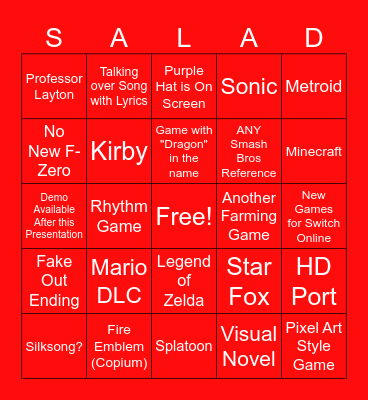 Nintendo Direct June 19th Bingo Card