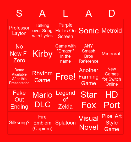 Nintendo Direct June 19th Bingo Card