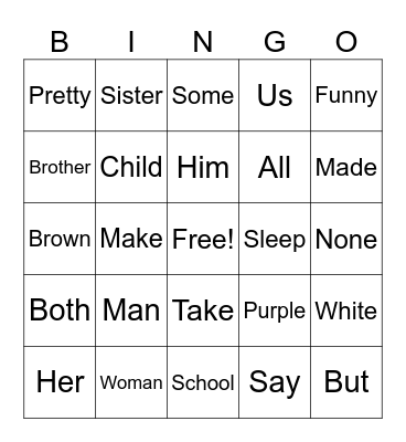 English Words! Bingo Card