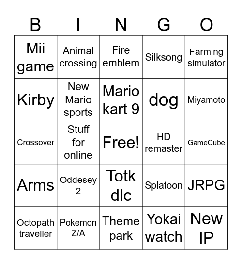 Nintendo Direct Bingo Card