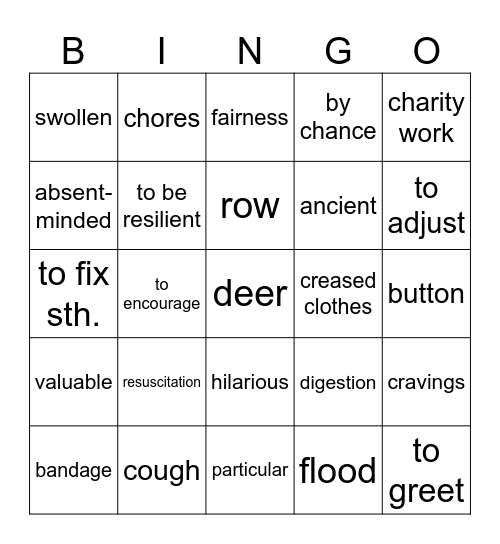 Vocabulary revision Bingo Card