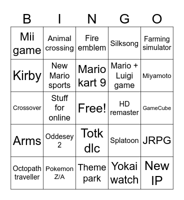 Nintendo Direct Bingo Card