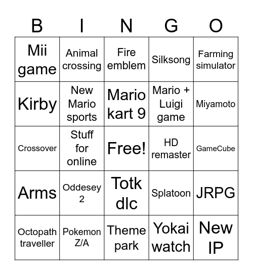 Nintendo Direct Bingo Card