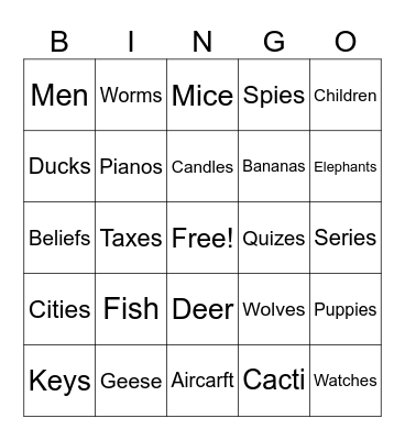 Plural nouns Bingo Card