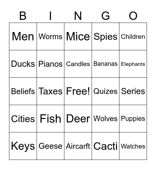 Plural nouns Bingo Card
