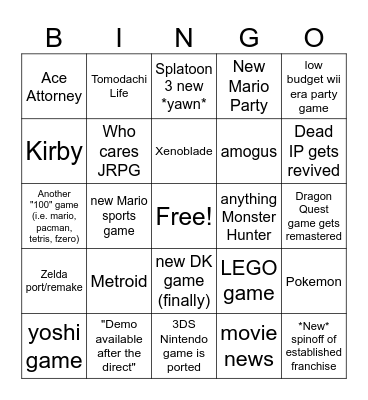 CSULB Nintendo Direct June 2024 Bingo Card