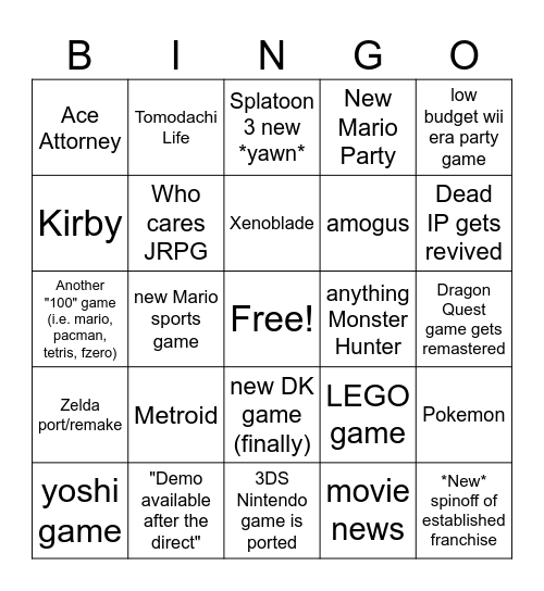 CSULB Nintendo Direct June 2024 Bingo Card