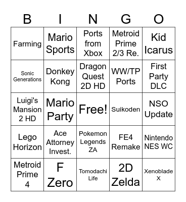 Nintendo Direct June 2024 Bingo Card