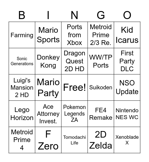 Nintendo Direct June 2024 Bingo Card