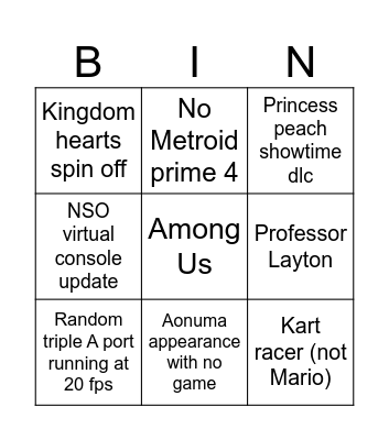 Nintendo Misdirect Bingo Card