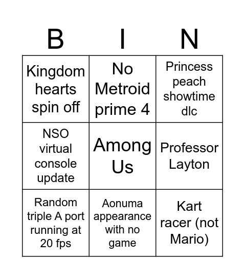 Nintendo Misdirect Bingo Card