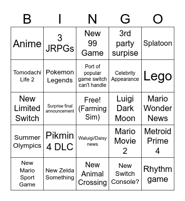 Nintendo Direct Bingo Card