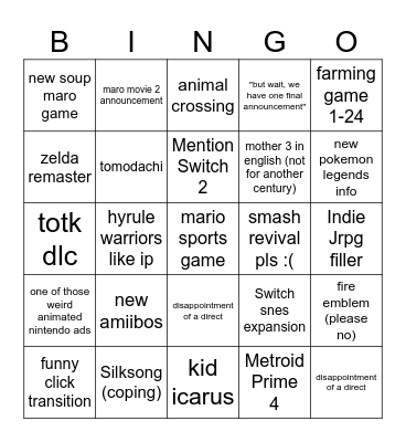 shitty nintendo direct bingo Card