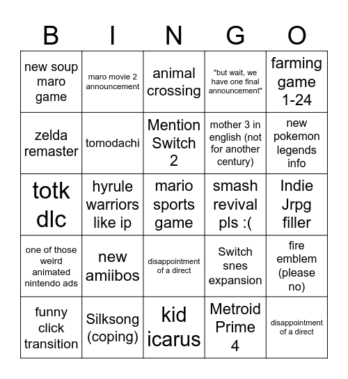 shitty nintendo direct bingo Card